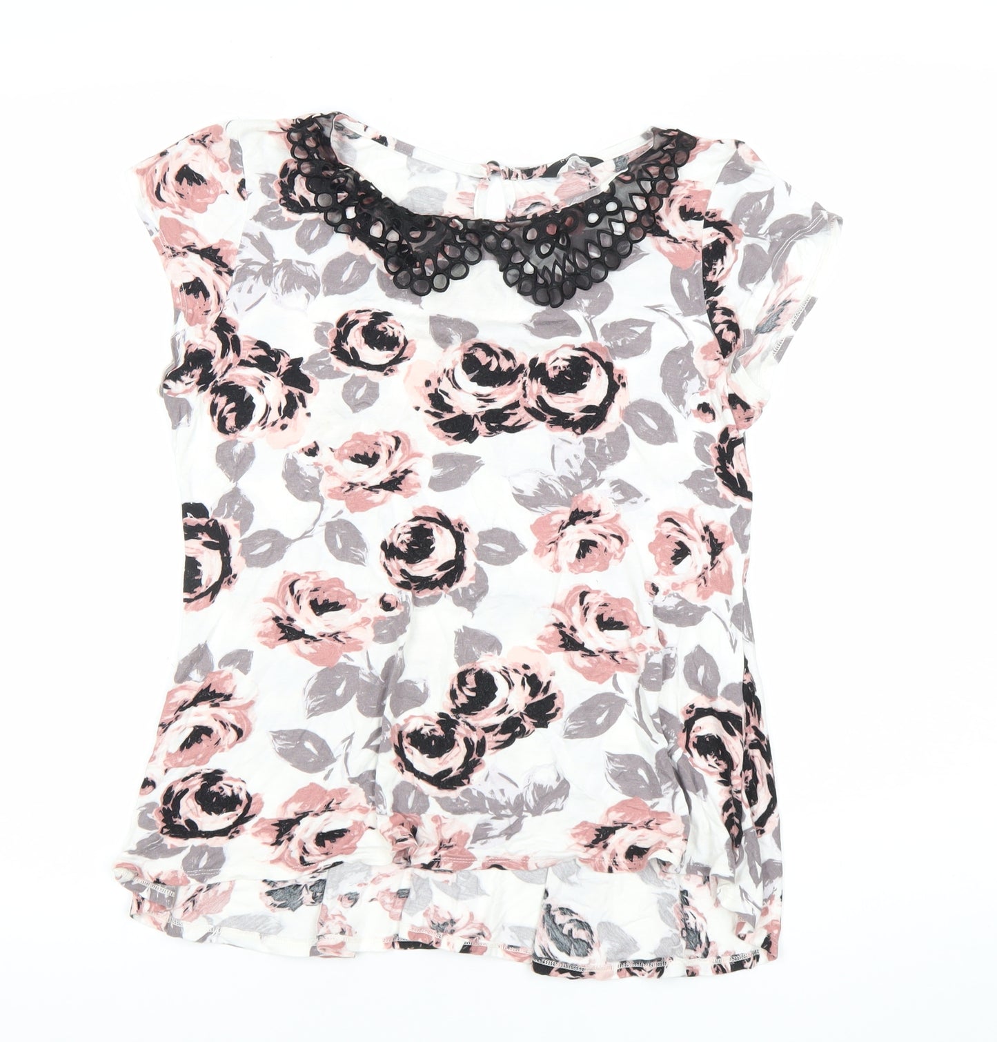 MeCo Womens Ivory Floral Tunic Blouse Top Size 12 Short Sleeve