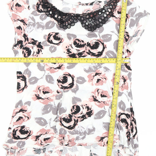 MeCo Womens Ivory Floral Tunic Blouse Top Size 12 Short Sleeve