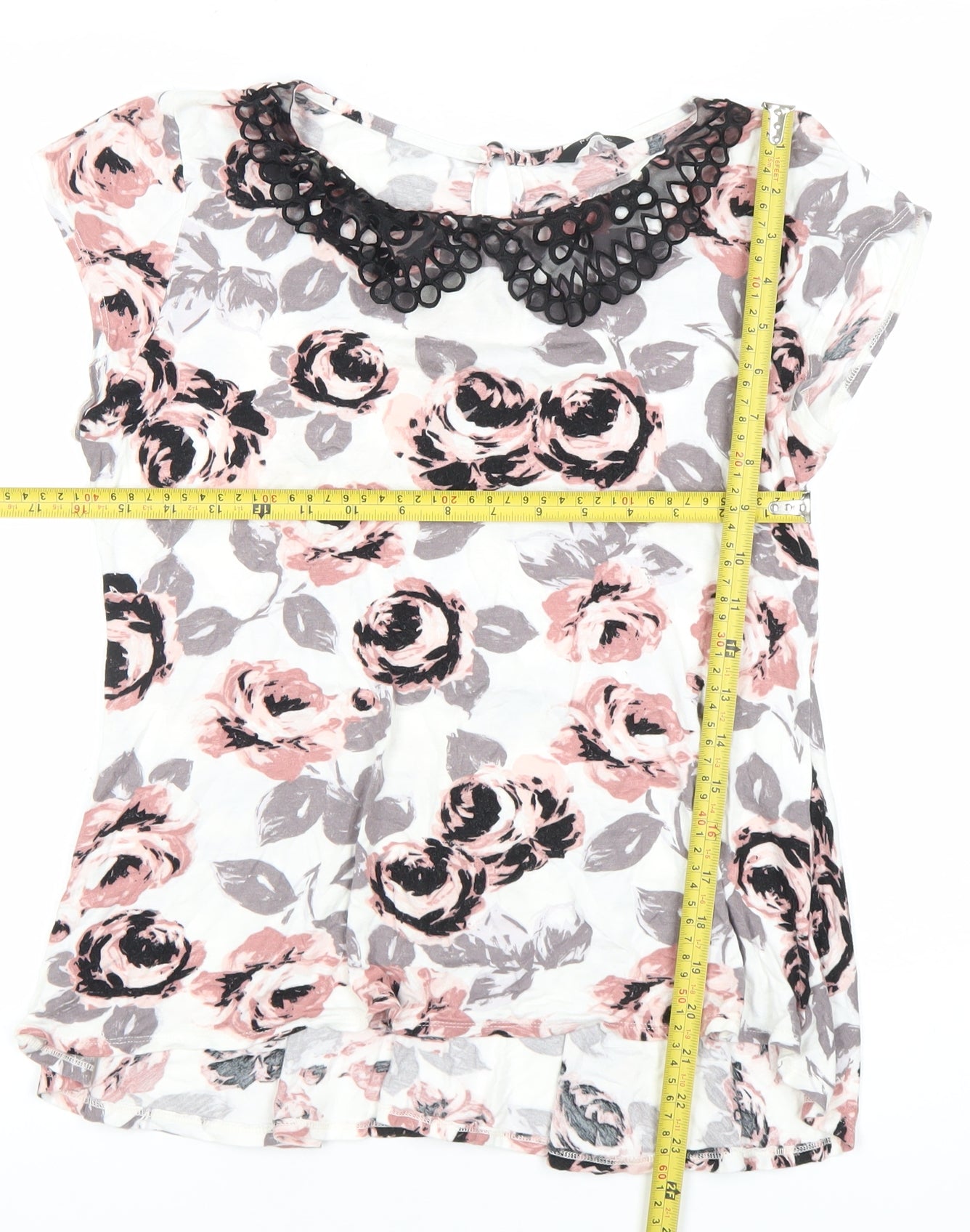 MeCo Womens Ivory Floral Tunic Blouse Top Size 12 Short Sleeve