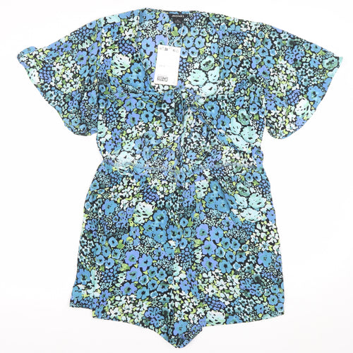 Monki Womens Multicoloured Floral Playsuit Size 12 V-Neck Short Sleeve