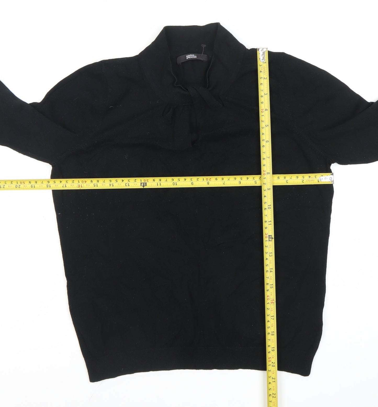 Marks and Spencer Women Black Size 14 Long Sleeve Tie Neck Blouse