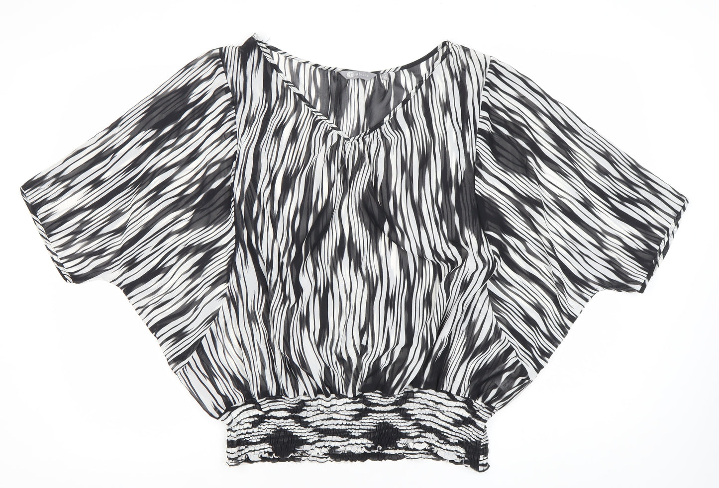 Mia Moda Womens Black White Tunic Blouse Size 16 V-Neck Chiffon