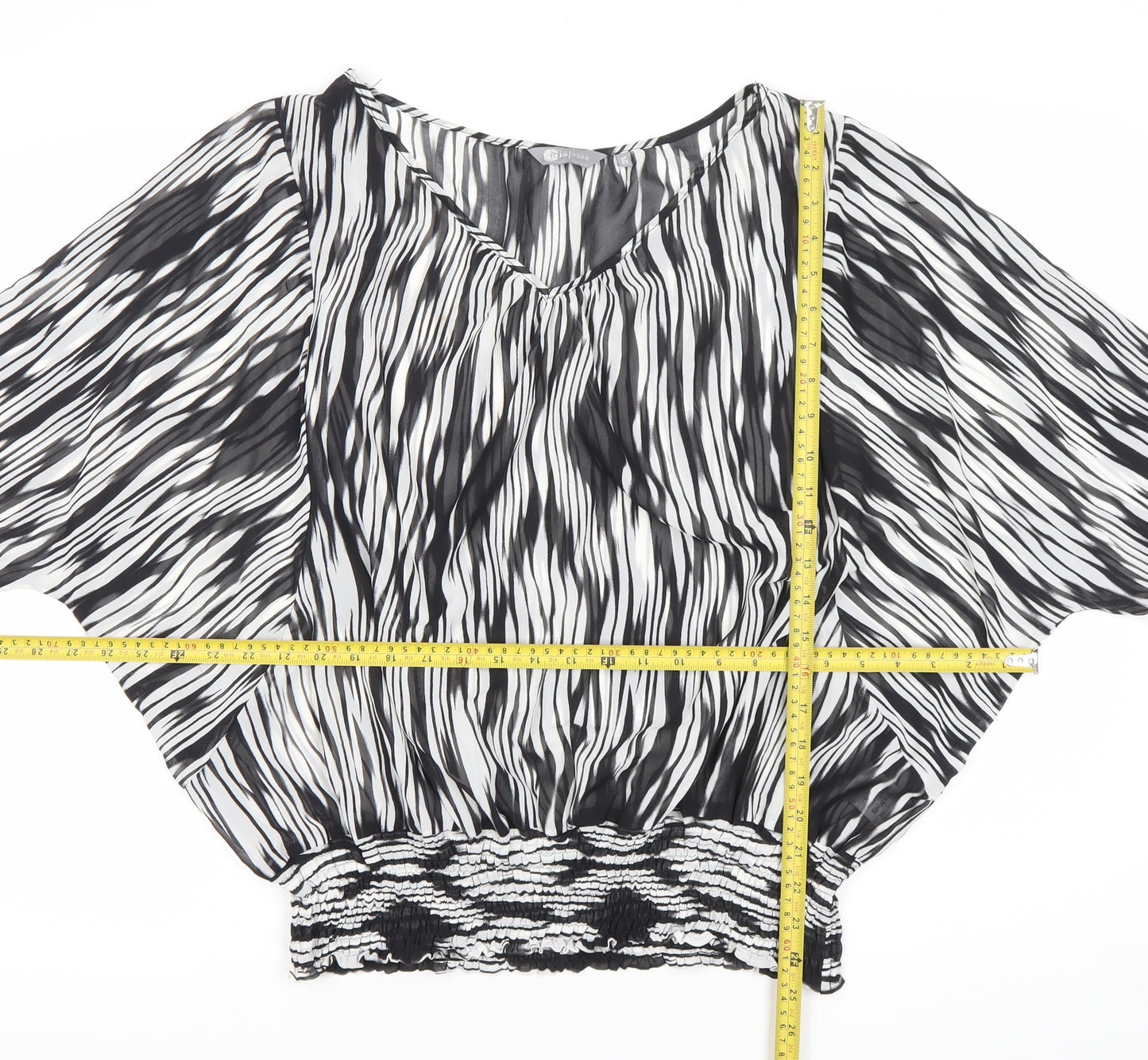 Mia Moda Womens Black White Tunic Blouse Size 16 V-Neck Chiffon