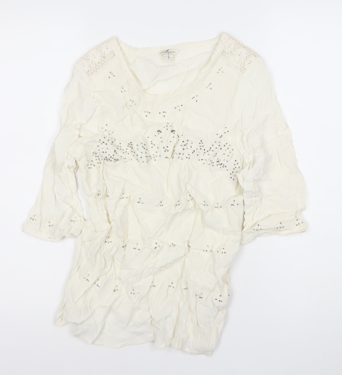 Monsoon Womens Ivory Beaded Tunic Blouse Size 12 3/4 Sleeve