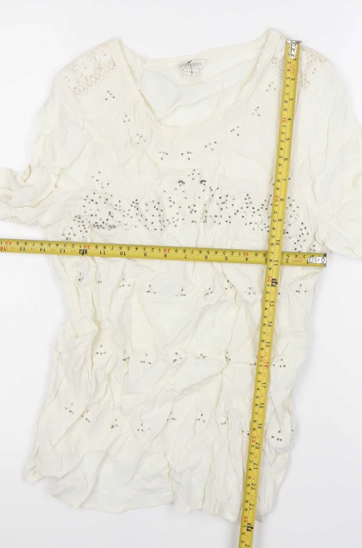 Monsoon Womens Ivory Beaded Tunic Blouse Size 12 3/4 Sleeve