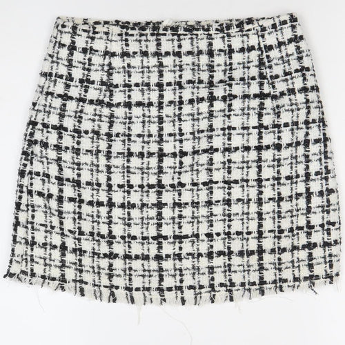 H&M Divided Womens Skirt Size 10 Black White Check Tweed Fringe Pencil