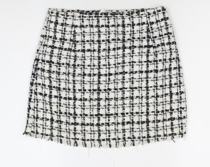 H&M Divided Womens Skirt Size 10 Black White Check Tweed Fringe Pencil