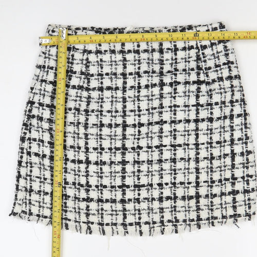 H&M Divided Womens Skirt Size 10 Black White Check Tweed Fringe Pencil