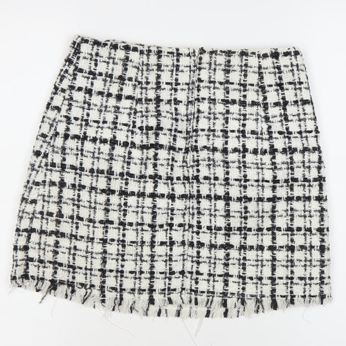 H&M Divided Womens Skirt Size 10 Black White Check Tweed Fringe Pencil