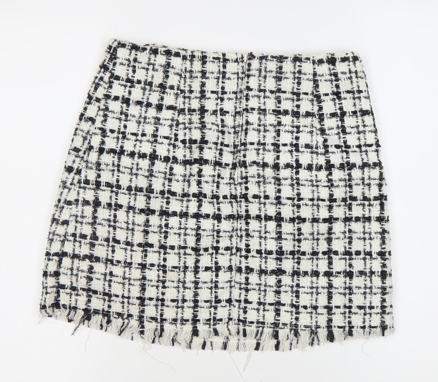 H&M Divided Womens Skirt Size 10 Black White Check Tweed Fringe Pencil