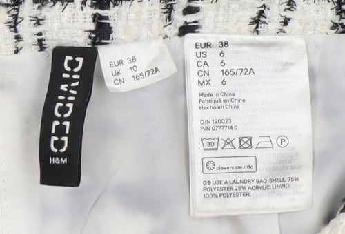 H&M Divided Womens Skirt Size 10 Black White Check Tweed Fringe Pencil