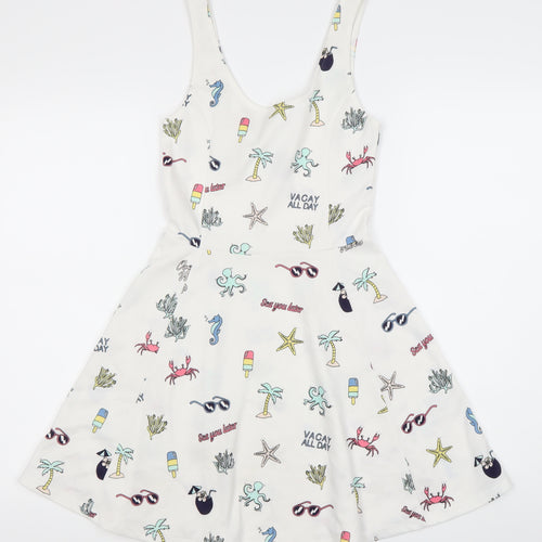 H&M Divided Women’s White Skater Dress Size 8 Summer Cartoon Print Sleeveless