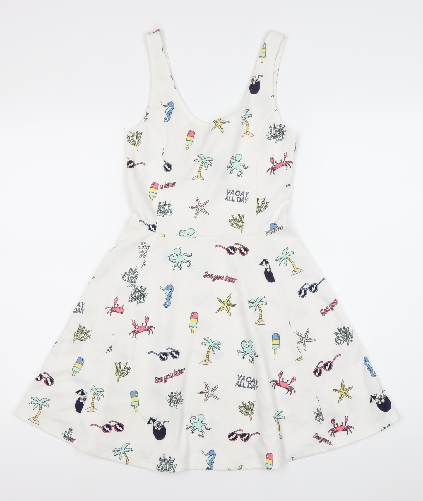 H&M Divided Women’s White Skater Dress Size 8 Summer Cartoon Print Sleeveless