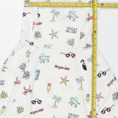 H&M Divided Women’s White Skater Dress Size 8 Summer Cartoon Print Sleeveless