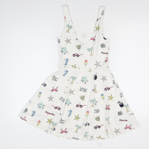 H&M Divided Women’s White Skater Dress Size 8 Summer Cartoon Print Sleeveless