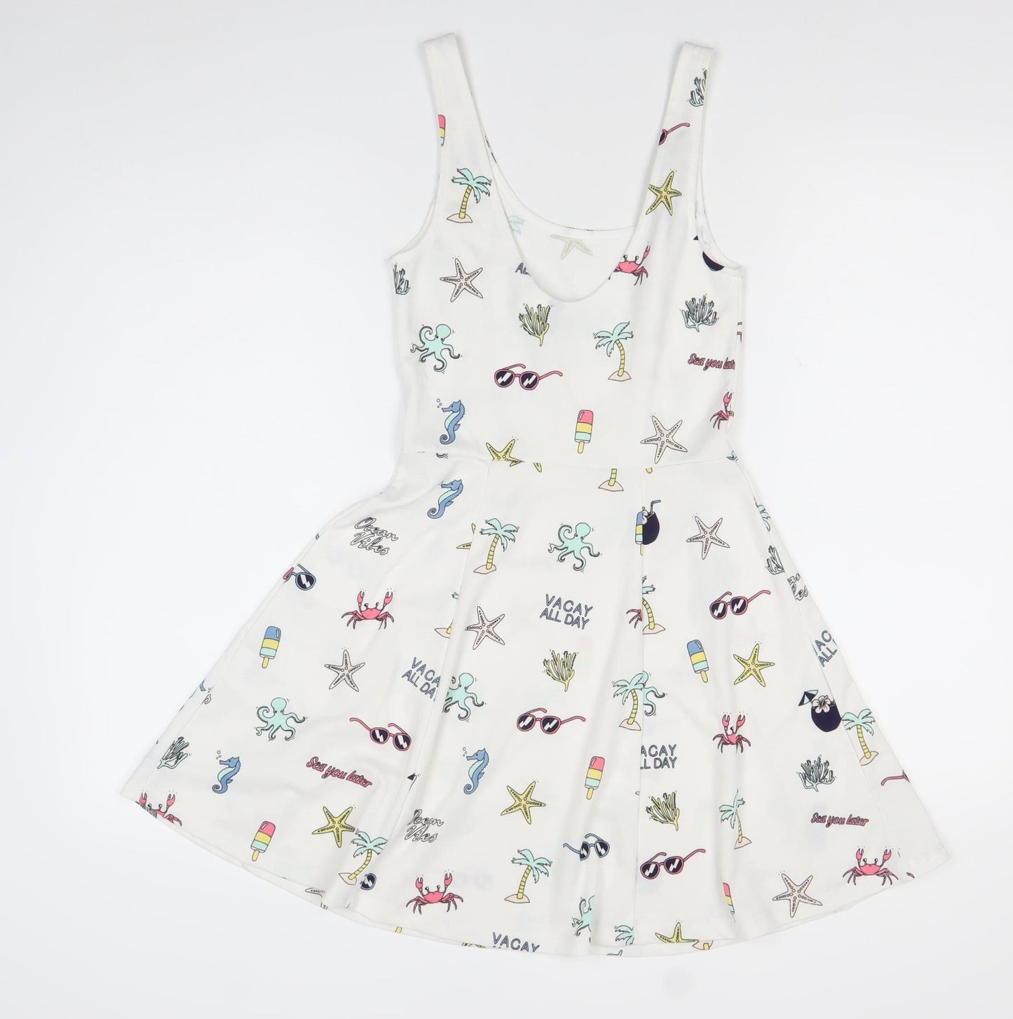 H&M Divided Women’s White Skater Dress Size 8 Summer Cartoon Print Sleeveless