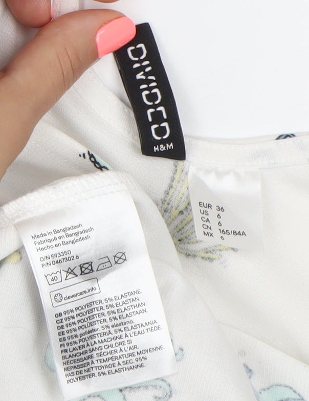 H&M Divided Women’s White Skater Dress Size 8 Summer Cartoon Print Sleeveless