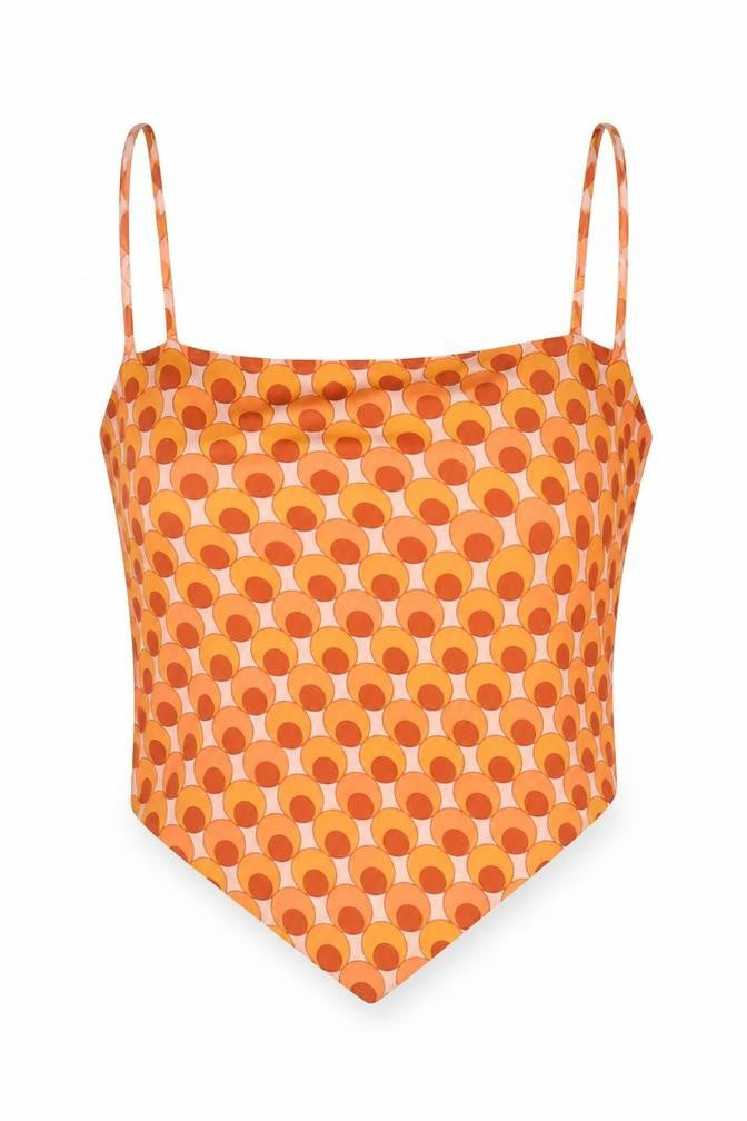 Front view of Threadbare women’s orange geometric cami top, size UK 8, retro zip detail