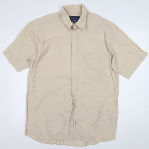 Louis Estére Men's Beige Viscose Short Sleeve Button-Up Shirt M