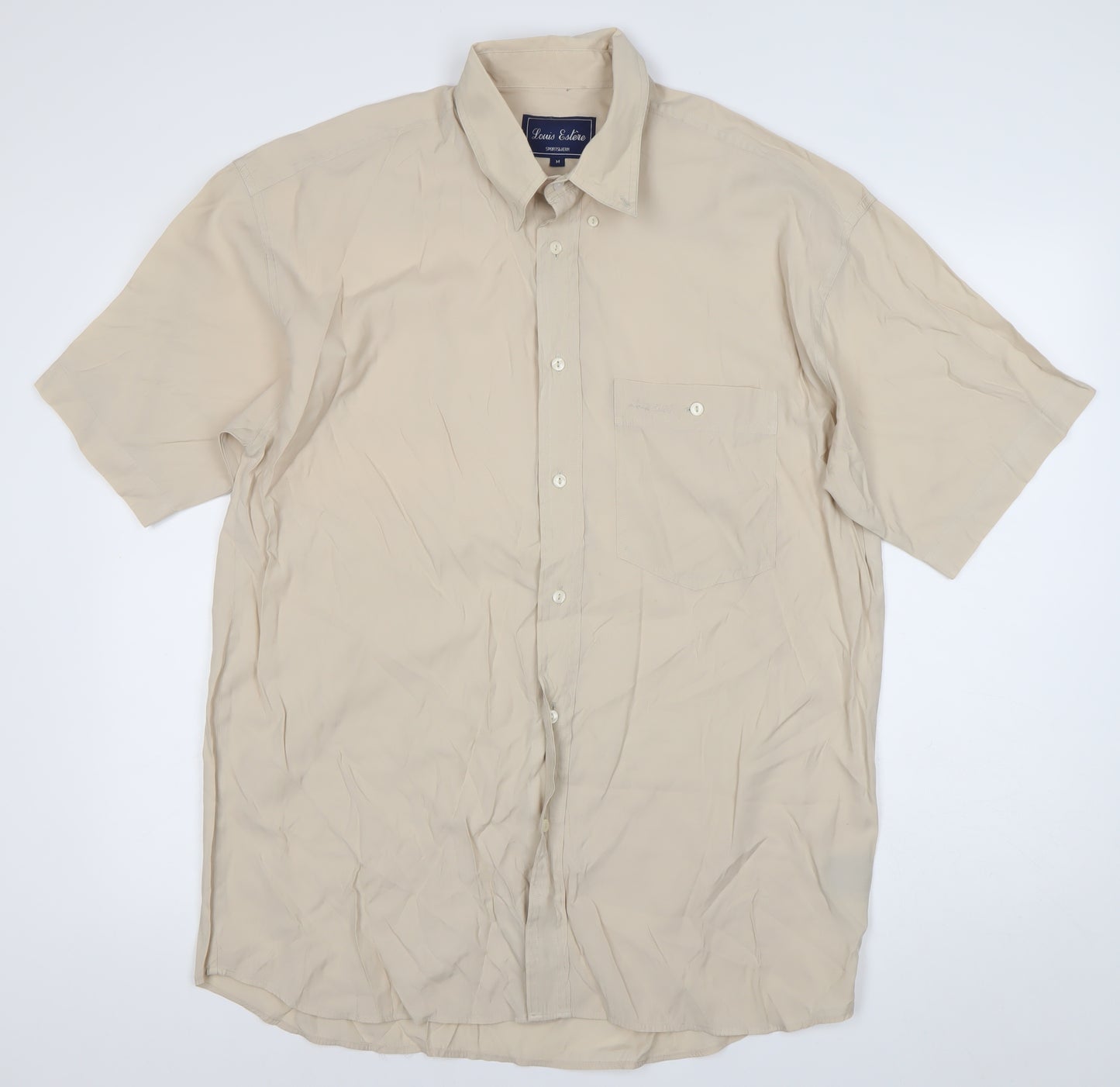 Louis Estére Men's Beige Viscose Short Sleeve Button-Up Shirt M