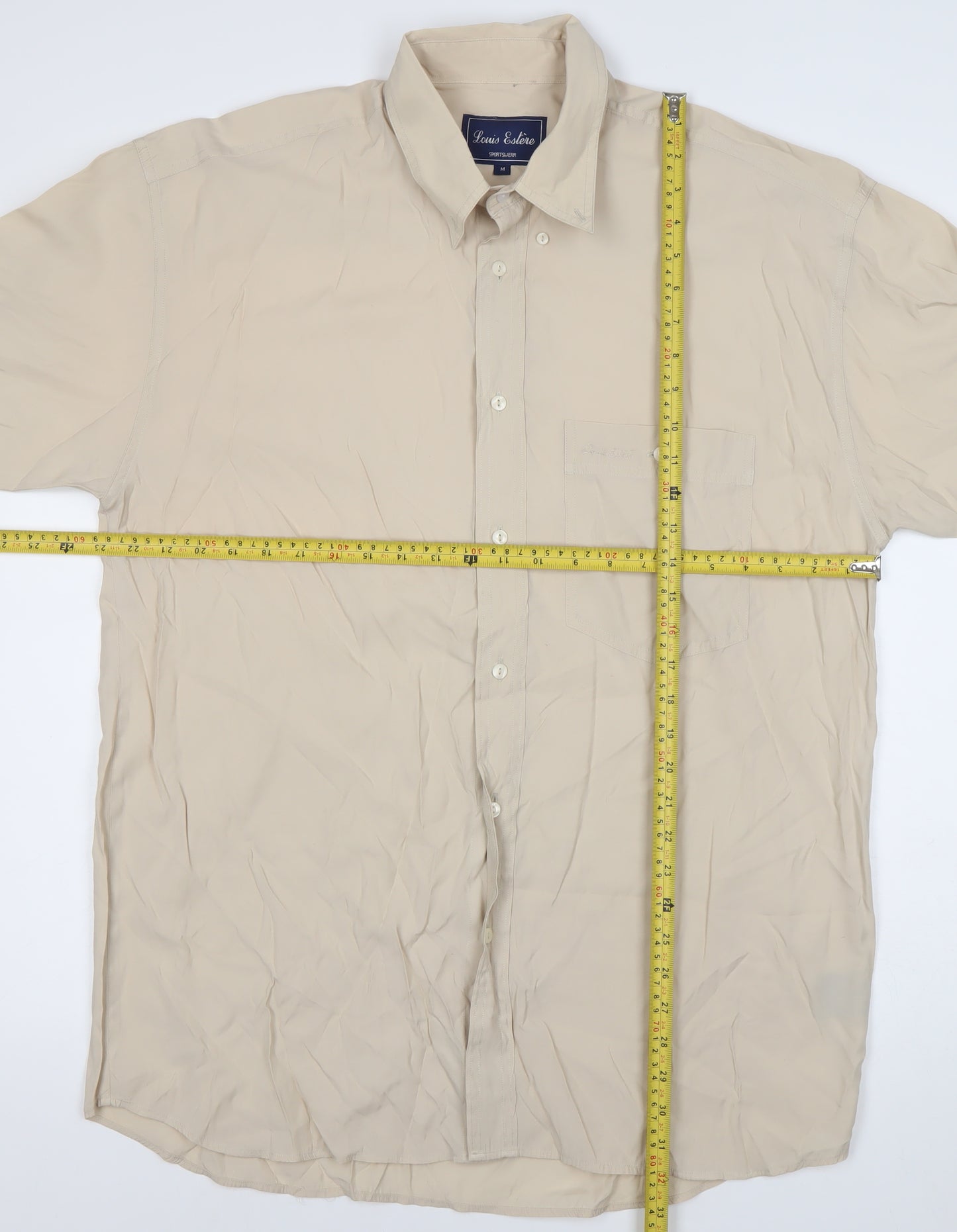 Louis Estére Men's Beige Viscose Short Sleeve Button-Up Shirt M