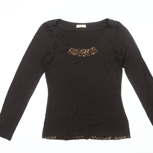 Laurèl Women Black Sequin Scoop Neck Long Sleeve Top Size 12