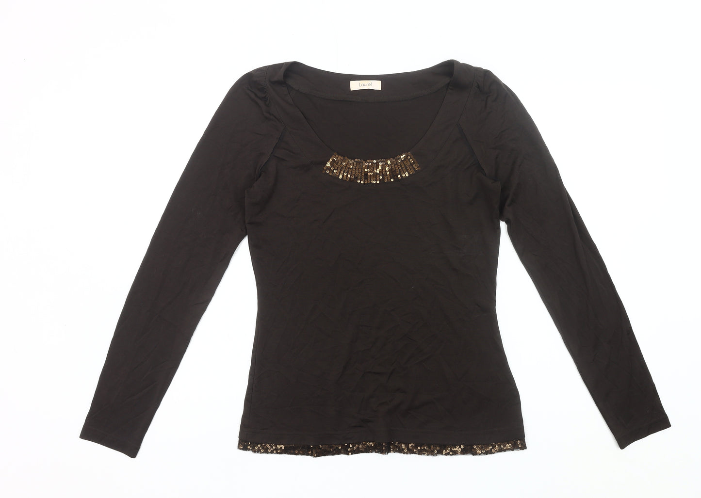 Laurèl Women Black Sequin Scoop Neck Long Sleeve Top Size 12