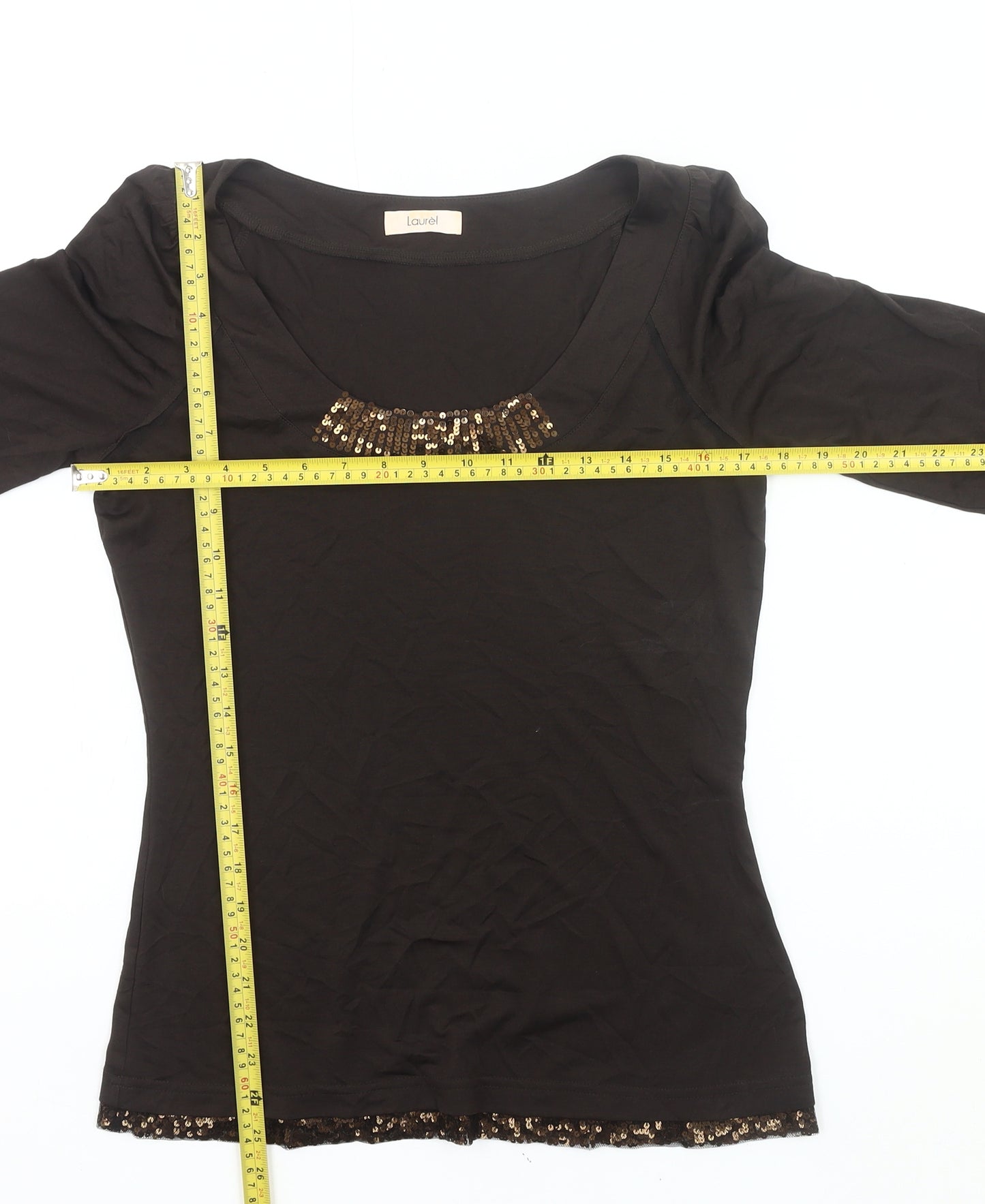 Laurèl Women Black Sequin Scoop Neck Long Sleeve Top Size 12