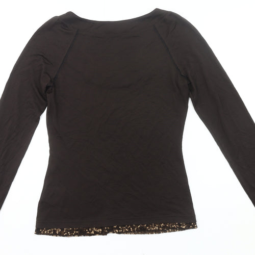 Laurèl Women Black Sequin Scoop Neck Long Sleeve Top Size 12