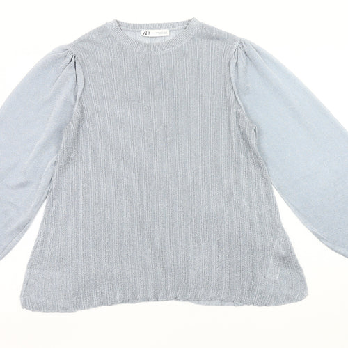 Zara Women Grey Metallic Puff Sleeve Pullover Jumper Size M