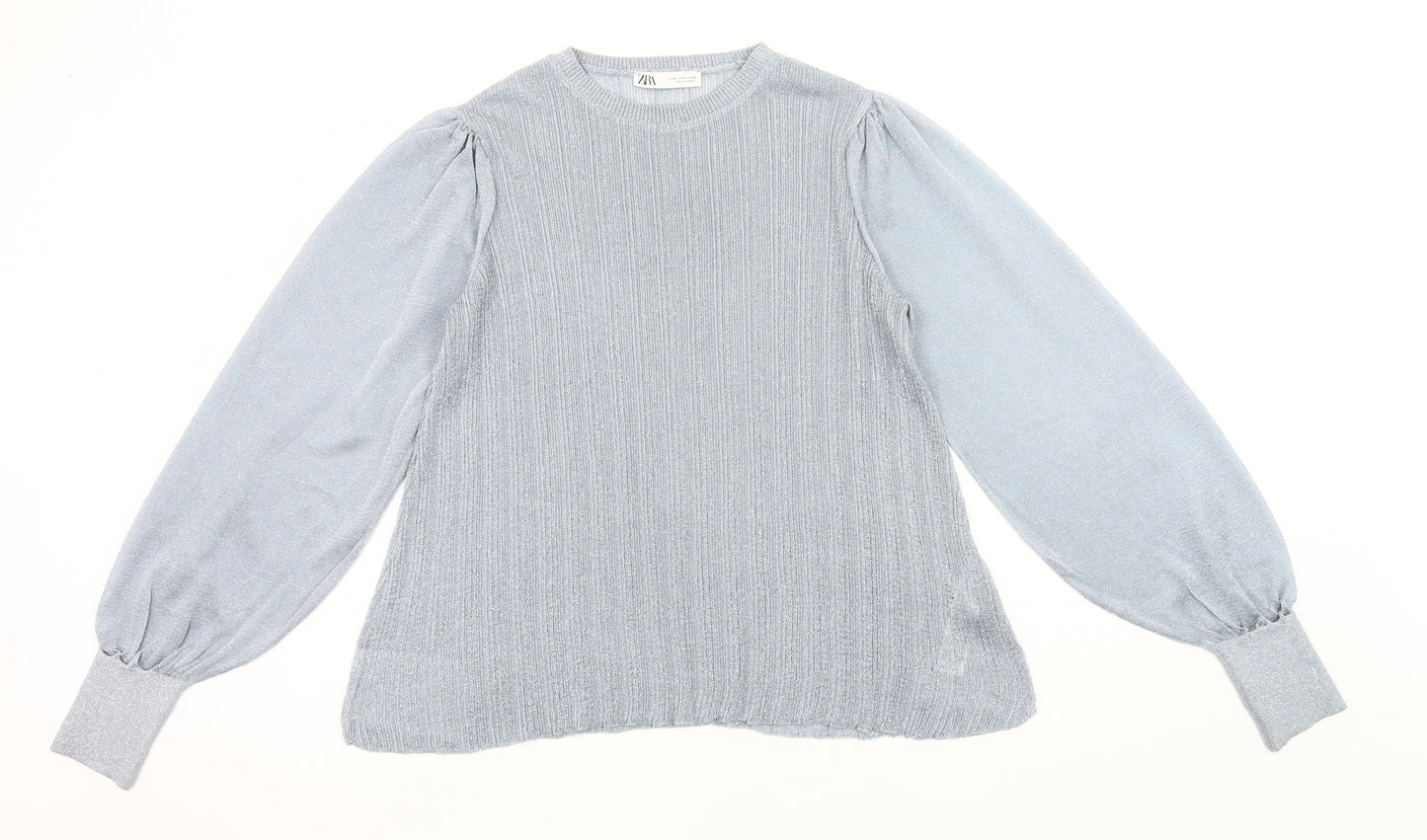 Zara Women Grey Metallic Puff Sleeve Pullover Jumper Size M