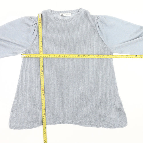 Zara Women Grey Metallic Puff Sleeve Pullover Jumper Size M