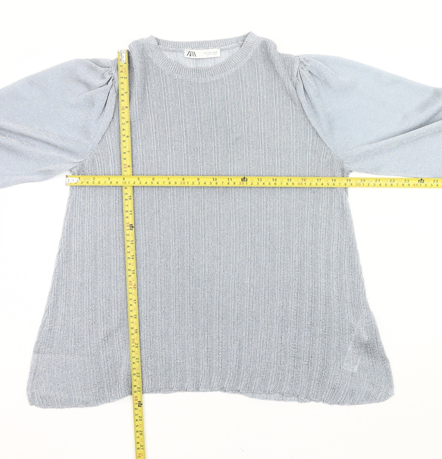 Zara Women Grey Metallic Puff Sleeve Pullover Jumper Size M