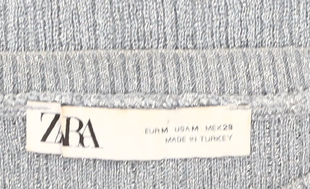 Zara Women Grey Metallic Puff Sleeve Pullover Jumper Size M