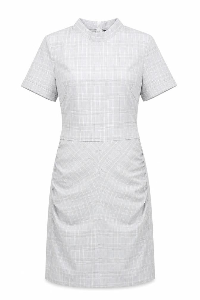 Front view of Zara Women Grey Check Sheath Dress, size 12, Short Sleeve Work