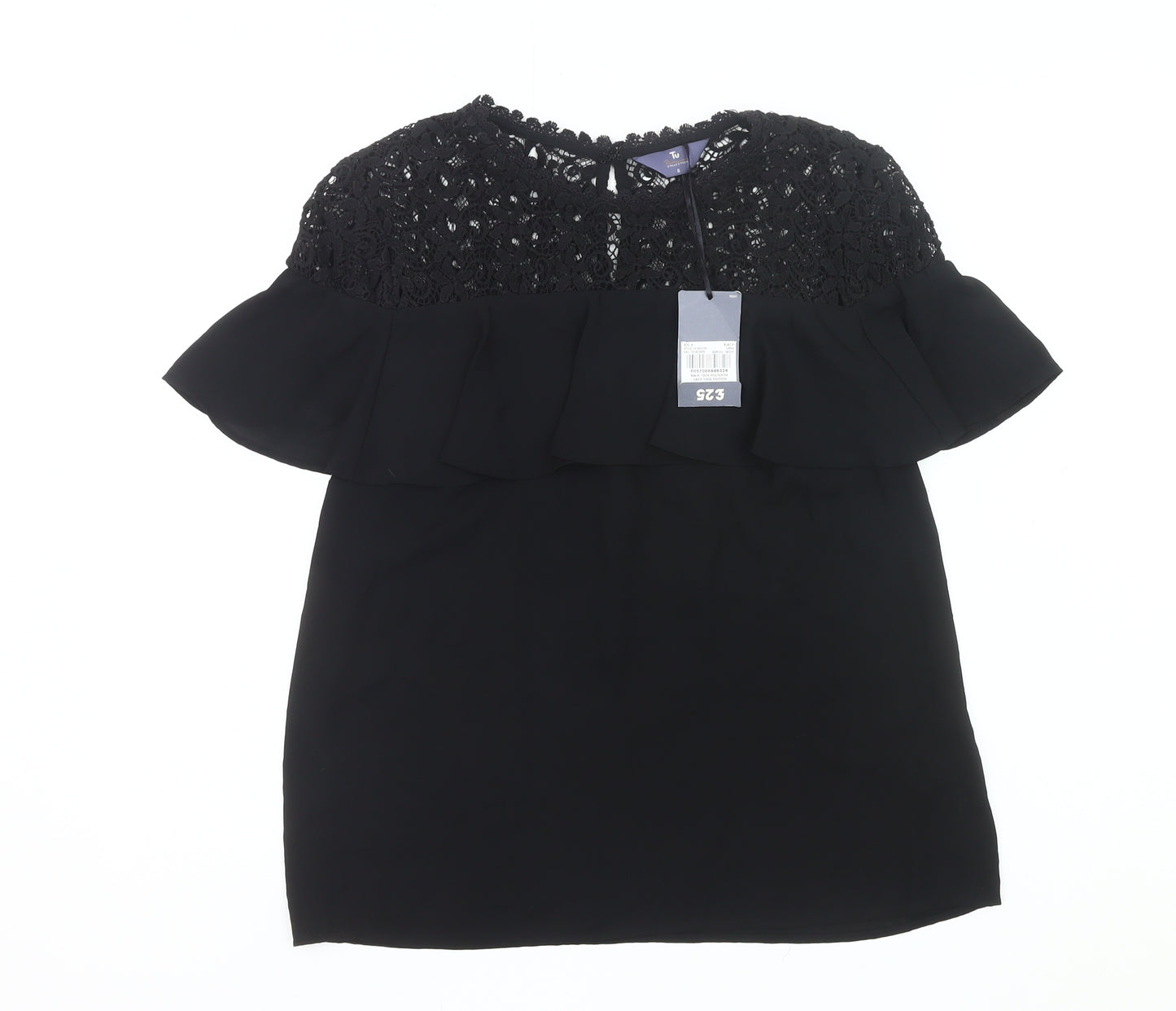 Tu Women’s Black Lace Ruffle Tunic Blouse Size 8 Party Top