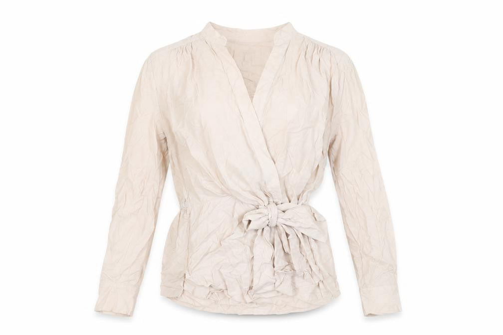 Front view of Marks & Spencer Per Una Women’s Beige Wrap Blouse, size UK 10