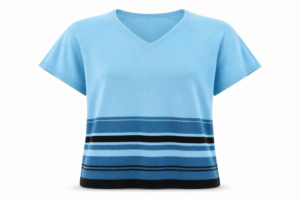 Front view of George Women’s Blue Striped V-Neck Short Sleeve jumper, size UK 18