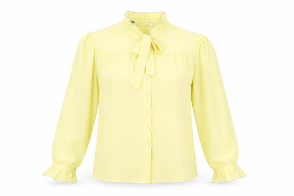 Front view of Ann Michael women’s yellow blouse, size UK 10, long sleeve ruffle tie neck