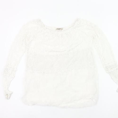 Viola Borghi Women White Lace Blouse Bohemian Embroidered Scoop Neck S