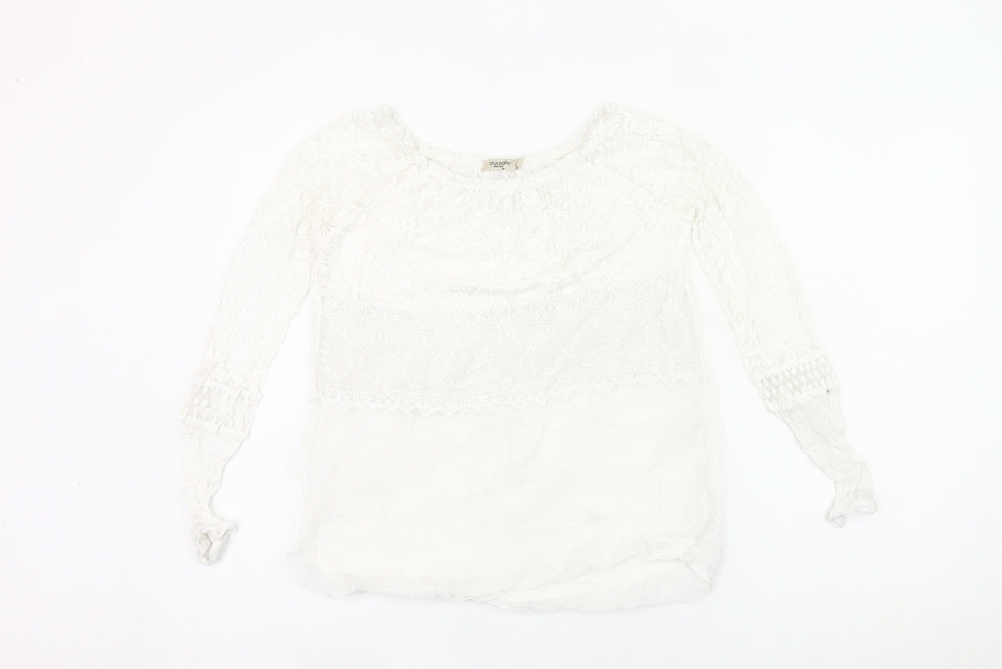 Viola Borghi Women White Lace Blouse Bohemian Embroidered Scoop Neck S