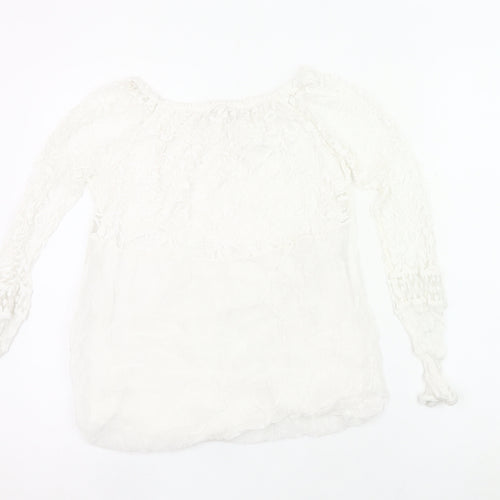 Viola Borghi Women White Lace Blouse Bohemian Embroidered Scoop Neck S