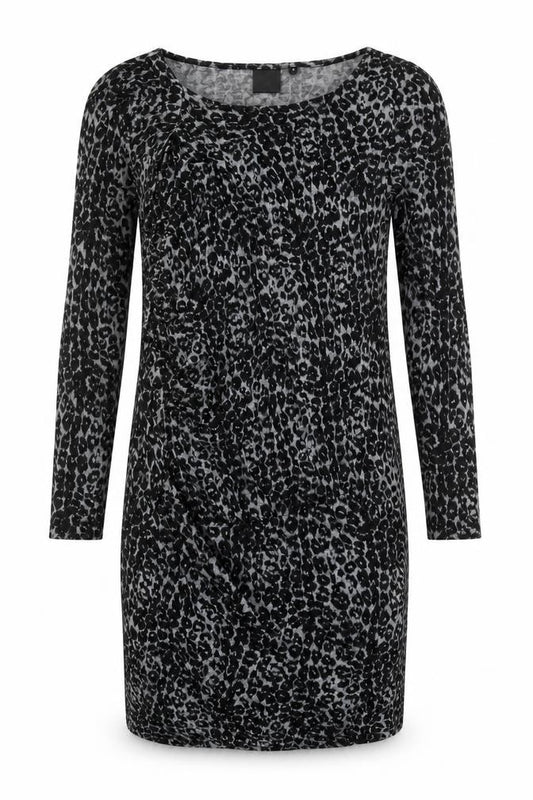 Front view of InWear Women’s Black Animal Print Bodycon Dress, size S, Long Sleeve