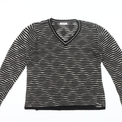 Soon Womens Black Striped V-Neck Pullover Jumper Size 16