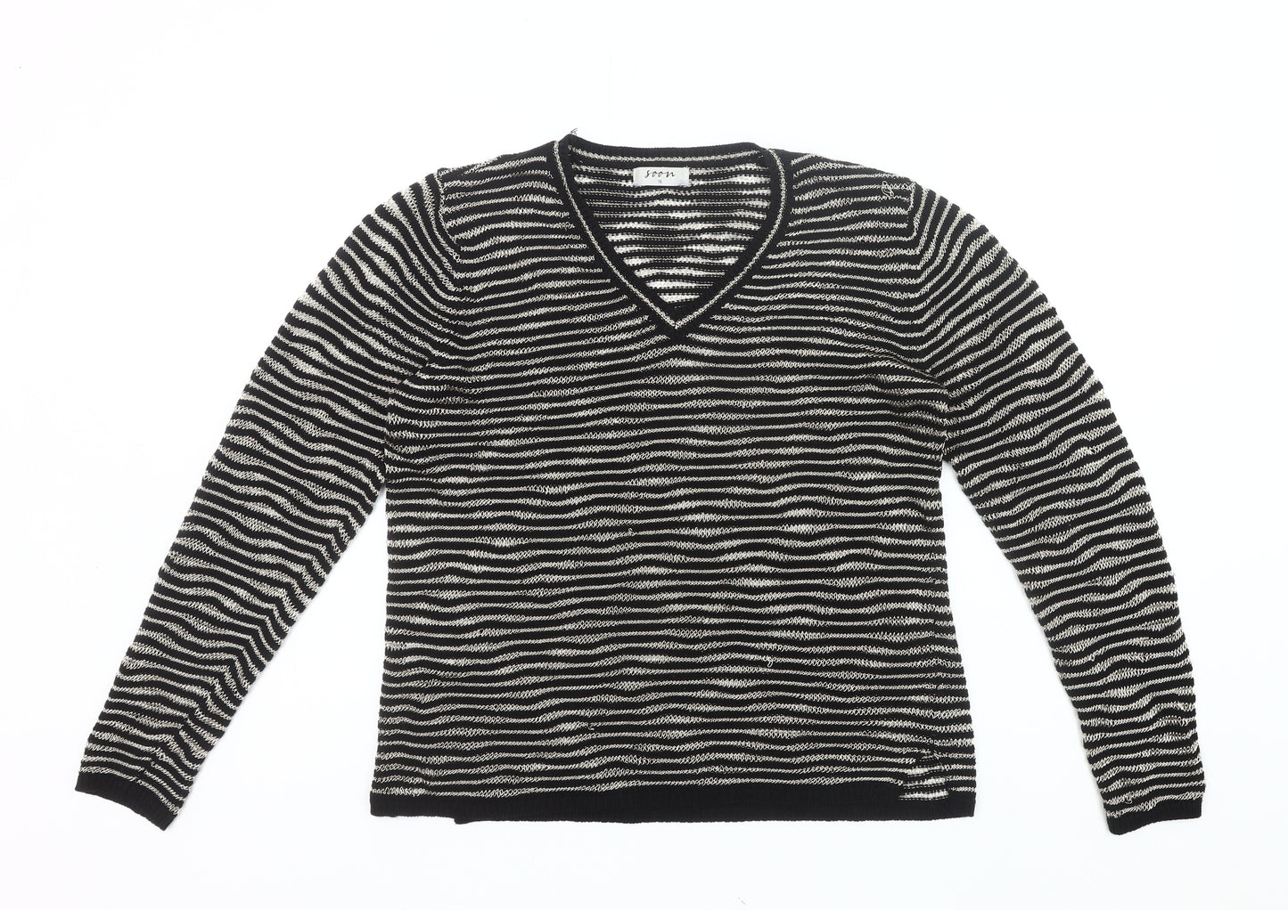 Soon Womens Black Striped V-Neck Pullover Jumper Size 16
