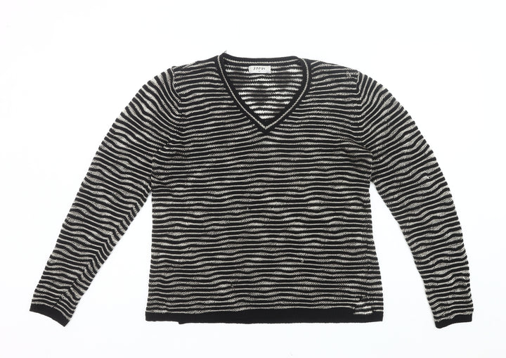 Soon Womens Black Striped V-Neck Pullover Jumper Size 16