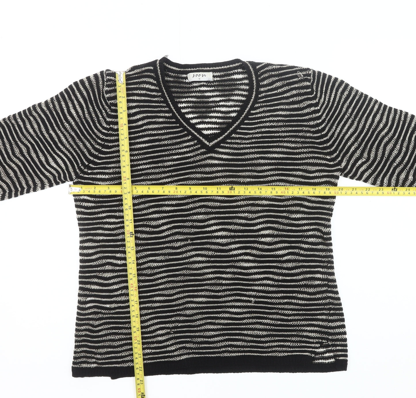 Soon Womens Black Striped V-Neck Pullover Jumper Size 16