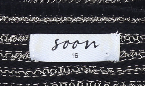 Soon Womens Black Striped V-Neck Pullover Jumper Size 16