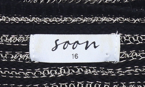 Soon Womens Black Striped V-Neck Pullover Jumper Size 16