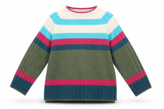 Front view of Next women’s striped crew neck jumper l green blue pink knitwear